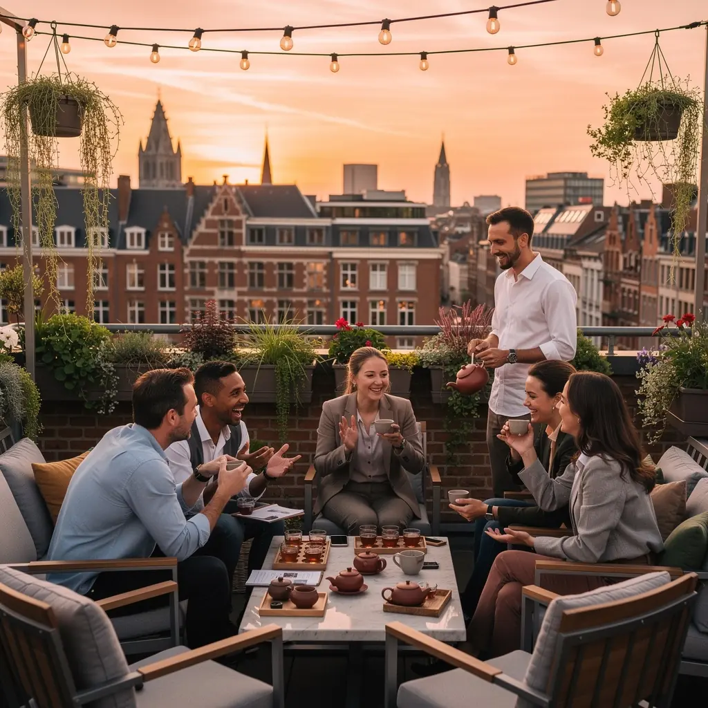 BoГ®te Г©lГ©gante de la collection de thГ© Oolong, ornГ©e de motifs belges traditionnels.