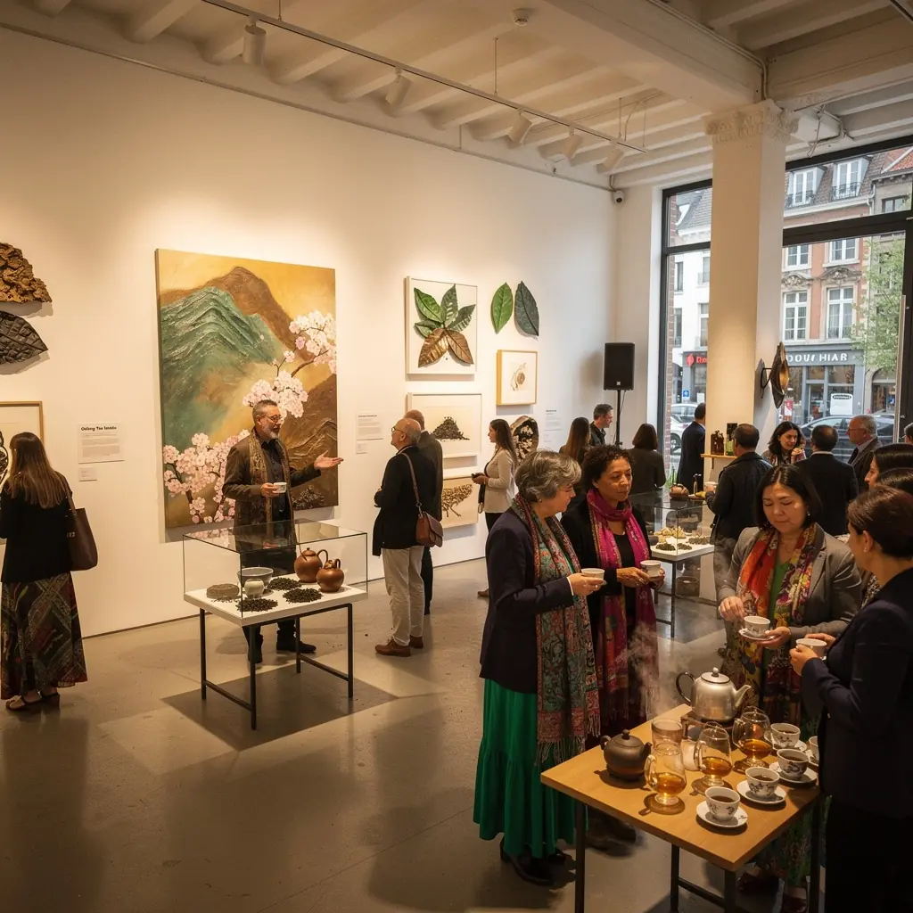 Gourmet de thГ© dГ©gustant une tasse d'Oolong, entourГ© d'Г©lГ©ments floraux.