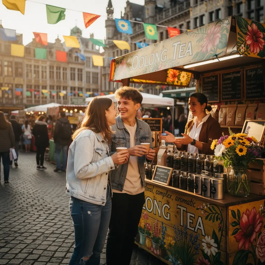 Assiette artisanale avec des douceurs belges accompagnant une tasse de thé Oolong.