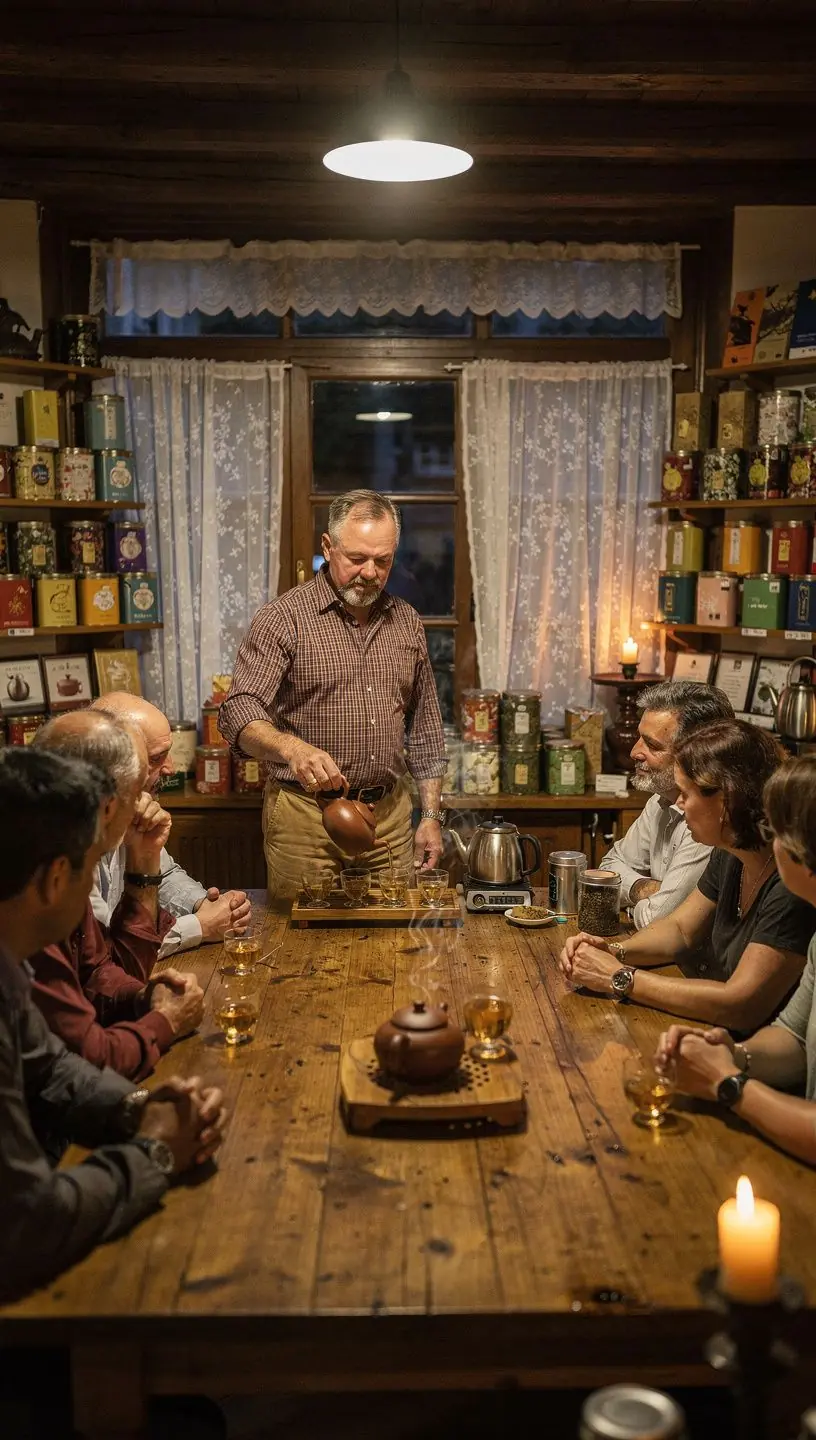 Vue panoramique d'une plantation de thé Oolong, avec des collines verdoyantes sous un ciel bleu.